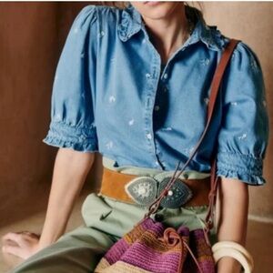 SEZANE Maggie Blue Denim Button Down with Floral Embroidery & Ruffle Accents